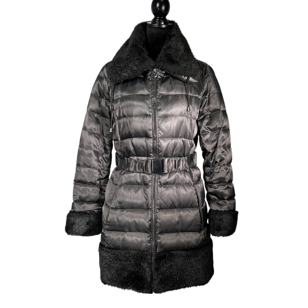 Laundry Shelli Segal Black Down Puffer Coat Faux Fur Long Insulated Quilted